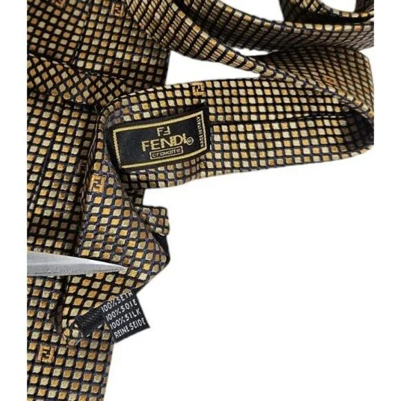 FENDI Gold Geometric Monogrammed Logo Silk Tie ITALY 59/ 3.7 EC